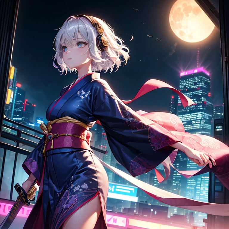 A single giant moon hangs over the neon-lit city of skyscrapers, shimmering and glowing. Amidst the hustle and bustle of the city, an animated girl in a colorful kimono with intricate patterns (she is pensive with a katana at the edge of a rooftop). (((Katana))), short wavy hair and headphones. She is listening to her favorite music as thunder rumbles in the distance. Cinematic city lights illuminate her face, highlighting her expressive eyes and the delicate details of her kimono. The Maid of Honor's short, slender platinum hair sways in the wind.