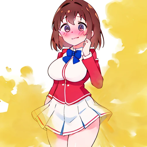 1 girl、red uniform、white mini skirt、Blue bow tie、big breasts、school classroom、brown hair、white inner、fart、a lot of gas、put pressure on your face、blush、shyness、