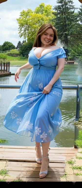 arafed woman in a blue dress standing in front of a pond, wearing a flowing sundress, wearing a flowing dress, wearing in a summer dress, long blue dress, flowing dress, blue swirling dress, wearing a long flowery dress, wearing sundress, wearing a long flowy fabric, sundress, cute sundress, Big tits, huge tits, no clothes, sexy, cute, wide hips, thick thighs, pear-shaped body, minimal clothes, thick, bbw, chubby stomach, thick nipples, nipple piercings, large areola, hard nipples, piercing through shirt, nipples hard through shirt, busty, major cleavage, naked, ripping through top, spilling over sides, bra too tight, giant tits