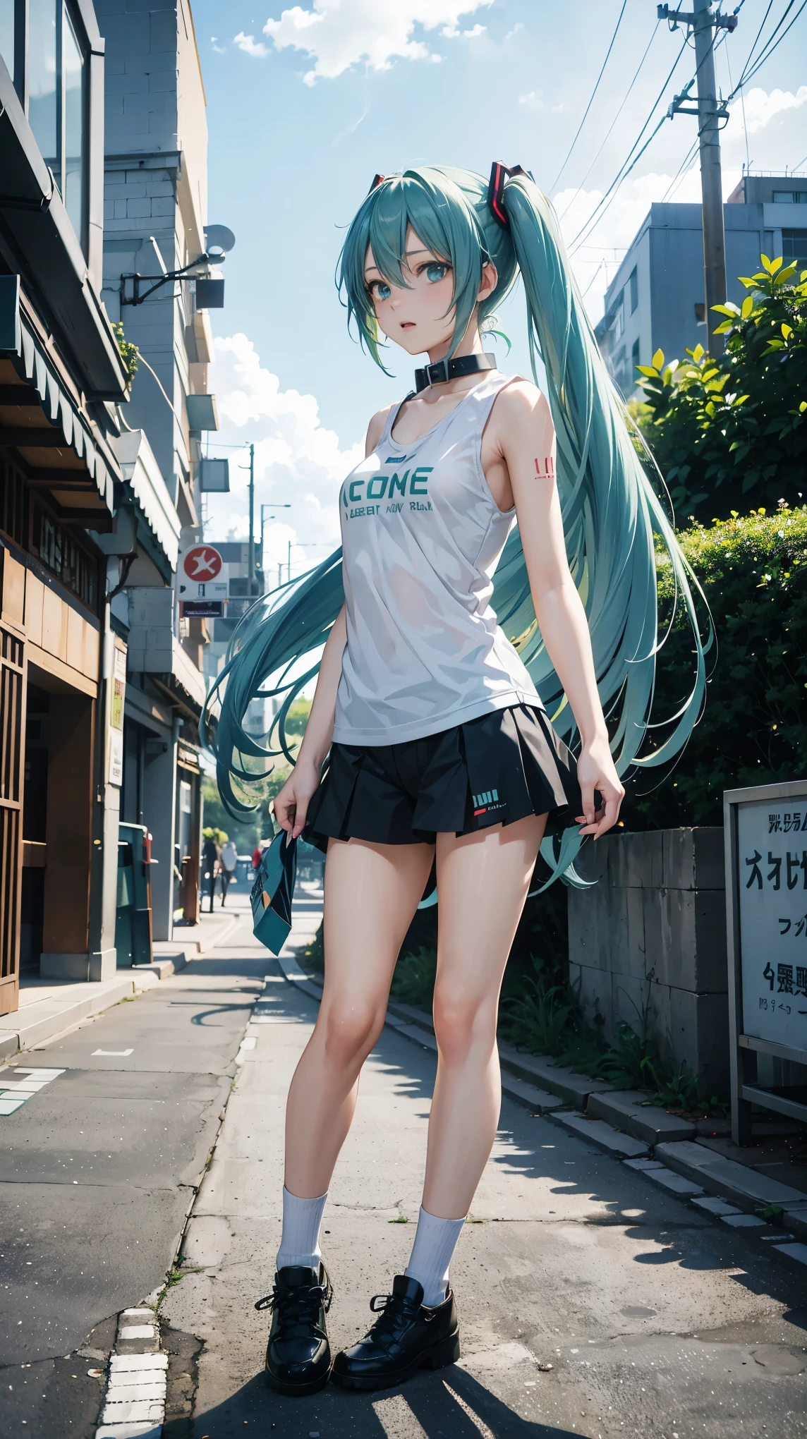 Hatsune Miku, city, green hair, green eyes, vocaloid, girl in need, collar, white shirt, t-shirt, blue short, sleeveless, looking at viewer, standing