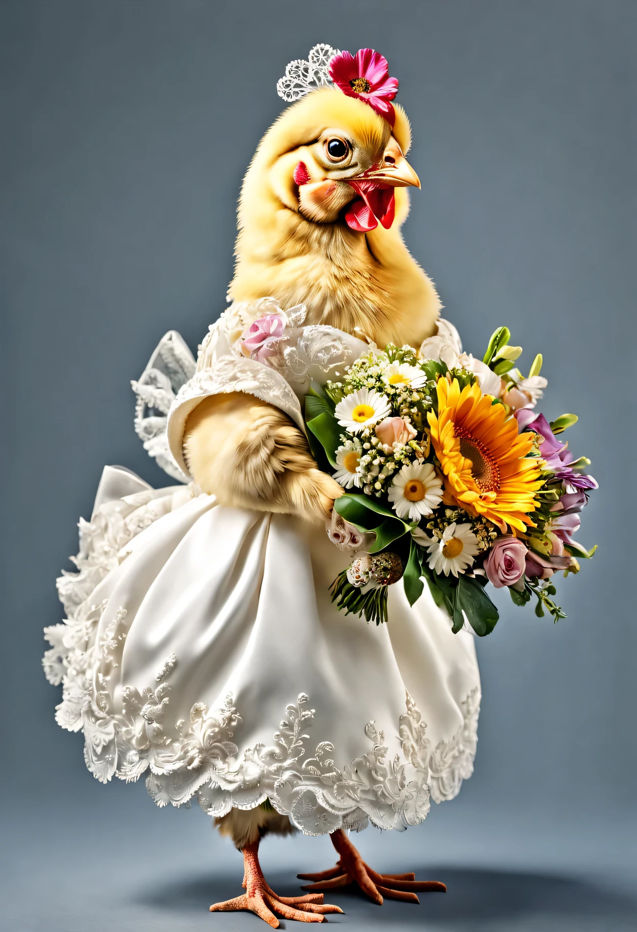 photorealistic portrait of Dressed animals - a fat  chicken bride,(dynamic action pose), high quality,(lovely) ,intricate details, highly detailed ((wedding dress)) ,highly detailed ,holding flower bouquet, (happy), studio lighting,(full body image:1.5)