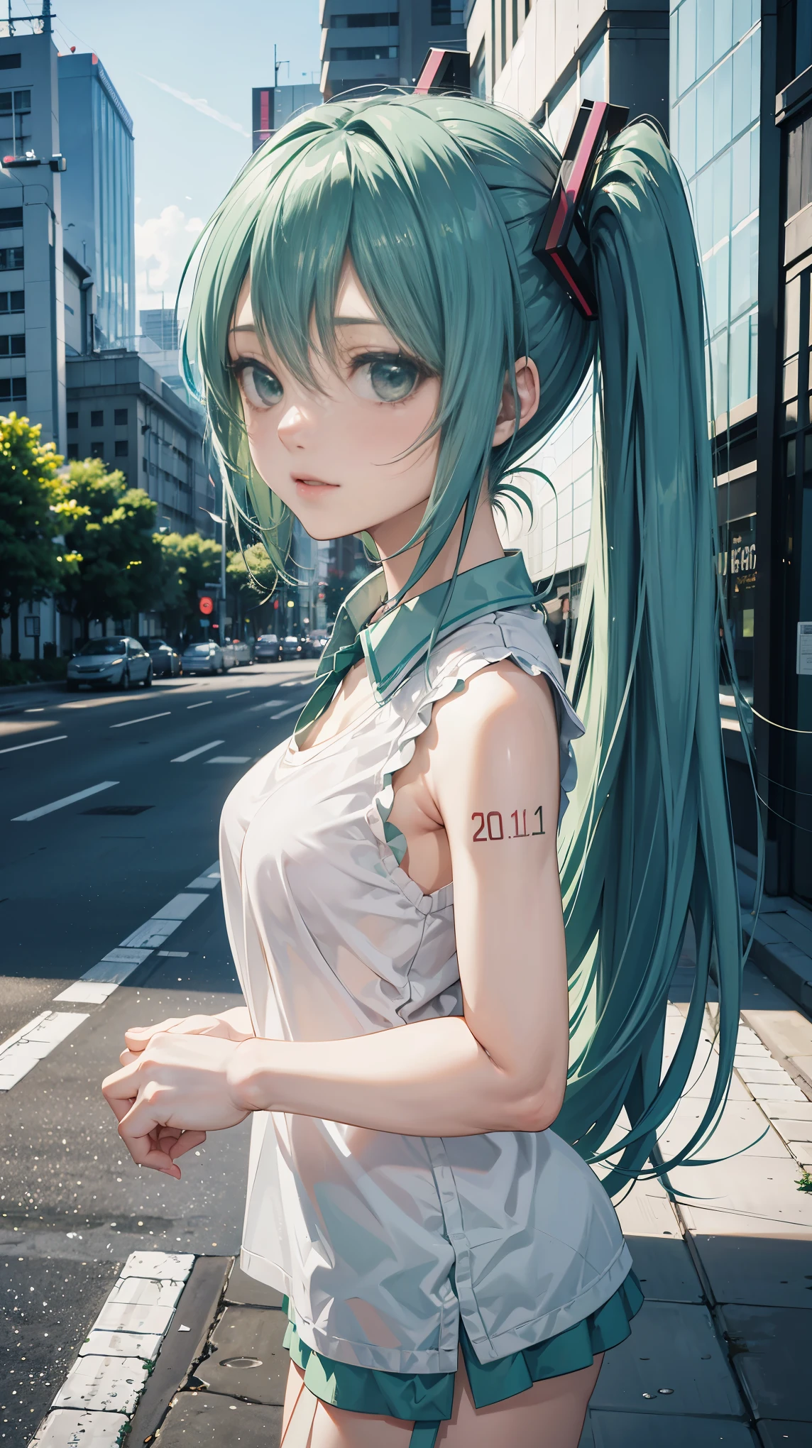 Hatsune Miku, city, green hair, green eyes, vocaloid, girl in need, collar, white shirt, t-shirt, blue short, sleeveless, looking at viewer, standing