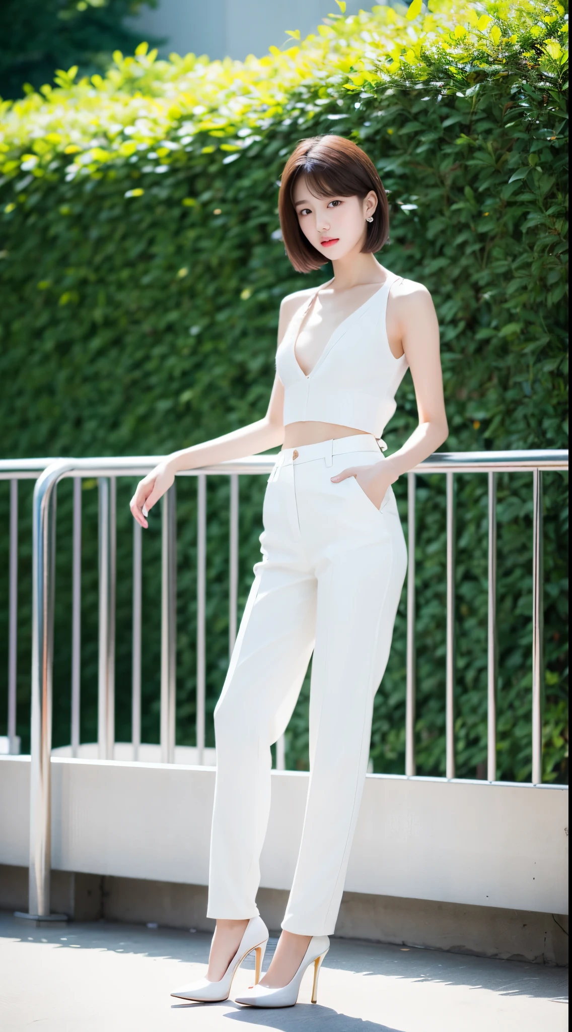 Ultra-clear resolution，Wonderful young girl，short hair，earrings，clear eyes，Without makeup，lip gloss，perfect face，Perfect chest，Slender，Loose trousers，High heel，empty park