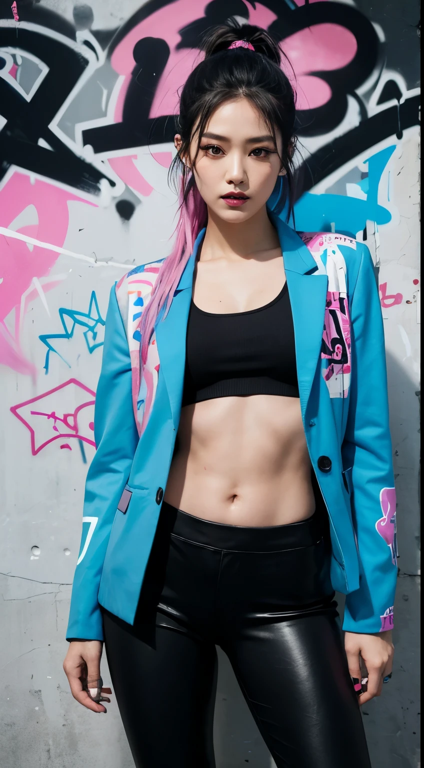 Realistic skin, best quality, Clarity, 4k, 8k, detail, actual, tattoed Girl, Korean makeup, black lips, pink and blue medium mullet hair, Perfect six pack body, stand, pose standing, medium chest, dark blazer top, black legging Pants, Solid graffiti wall background, Graffiti art,