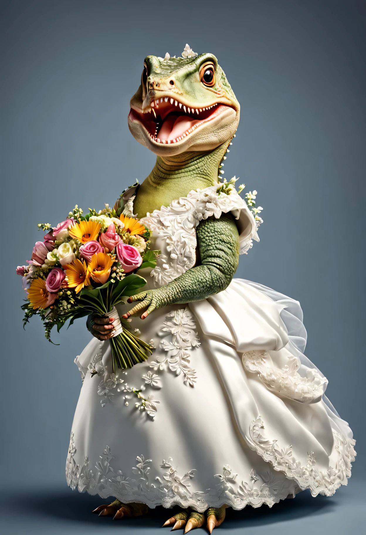 photorealistic portrait of Dressed animals - a fat baby dinosaur bride,(dynamic action pose), high quality,(lovely) ,intricate details, highly detailed ((wedding dress)) ,highly detailed ,holding flower bouquet, (happy), studio lighting,(full body image:1.5)