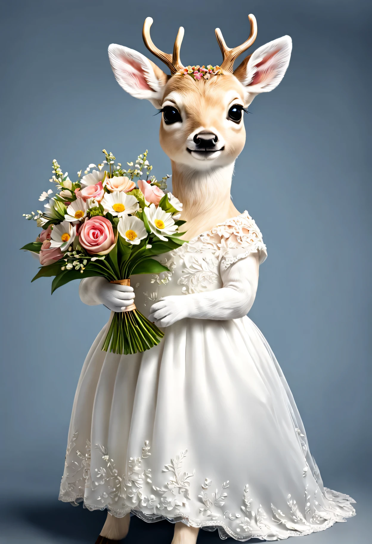 photorealistic portrait of Dressed animals - a fat baby white deer,(dynamic action pose), high quality,(lovely) ,intricate details, highly detailed ((wedding dress)) ,highly detailed ,holding flower bouquet, (happy), studio lighting,(full body image:1.5)