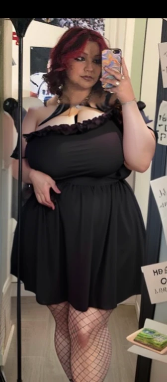 there is a woman that is taking a picture in the mirror, she is wearing a black dress, full body picture, taken in the early 2020s, cute black dress, zoomed out full body, wearing a black dress, she has a jiggly fat round belly, taken in the late 2000s, Big tits, huge tits, no clothes, sexy, cute, wide hips, thick thighs, pear-shaped body, minimal clothes, thick, bbw, chubby stomach, thick nipples, nipple piercings, large areola, hard nipples, piercing through shirt, nipples hard through shirt, busty, major cleavage, naked, ripping through top, spilling over sides, bra too tight, giant tits, dominatrix, dominatrix clothes, fat stomach, fat belly showing, grabbing sexy jiggly fat round belly