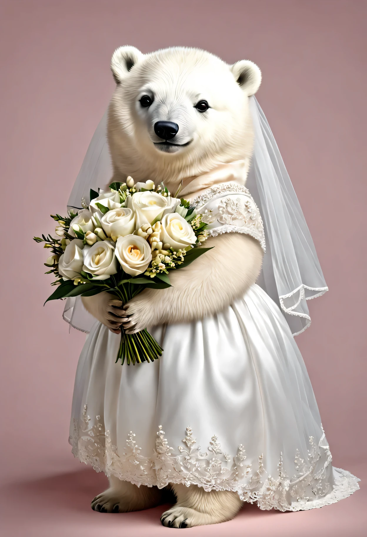 photorealistic portrait of Dressed animals - a fat baby polar bear,(elegant pose), high quality,(lovely) ,intricate details, highly detailed ((wedding dress)) ,wearing highly detailed veil ,holding flower bouquet, (happy), studio lighting,(full body image:1.5)