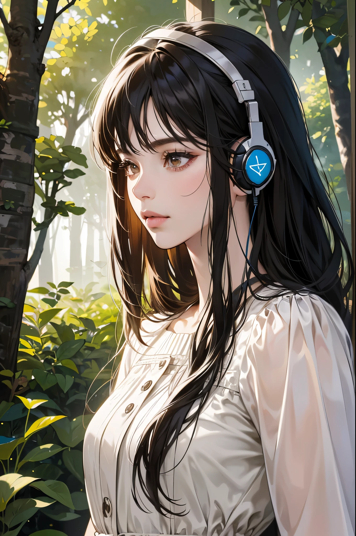 (absurdres, highres, ultra detailed, realistic, ), 1 18 year-old,girl, solo, elegance, long black hair, ,short white dress,brown eyes, (headphone),forest background, ultra - detailed, best quality, Detailed diagram, vectorized, 8K, Graphic design, vector lines, Full-HD,upper body