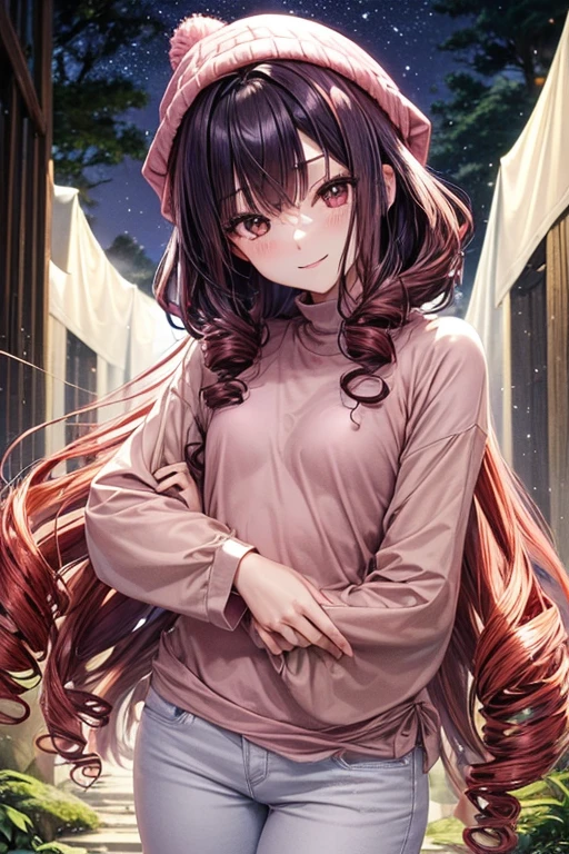 A 14 year old Japanese slender(( small breast )) lady, dark red ((loose curly hair))smooth curly short hair((much forelock :1.5)) , wearing a long sleeved shirt ((pale pink, high neck))and a long tunic, white damaged jeans, beanie((beige )), looks really calming and beautiful and cool, at a forest , spreading her left arms forward, smiling seriously under the moonlight,(( hug pose)),