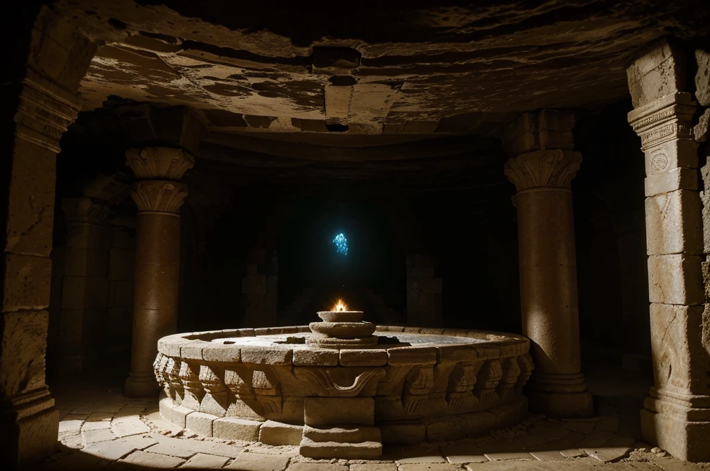 (highest quality, High resolution, super detailed), Mysterious cave、majestic underground temple、Lost civilization、An altar of ancient civilization bathed in light、Light and shadow interaction