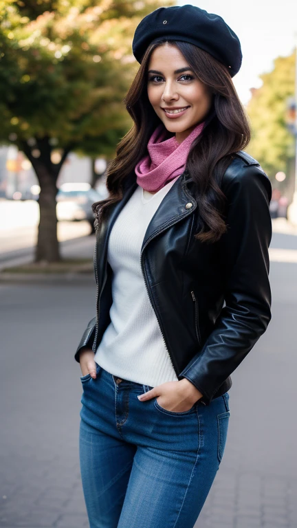 Woman smiling, enjoying a cold day, shopping in the city, business outfit  she's wearing a biker jacket, black beret, pink scarf, denim trousers, riding boots, holding a leather backpack, while she is in a park, jaw-dropping beauty, attractive face and fitness body with rounded hips, long wavy hair, attractive woman, a gorgeous beautiful soft brown haired girl, lovely woman, gorgeous woman, gorgeous beautiful woman, exotic beauty from Argentina. 