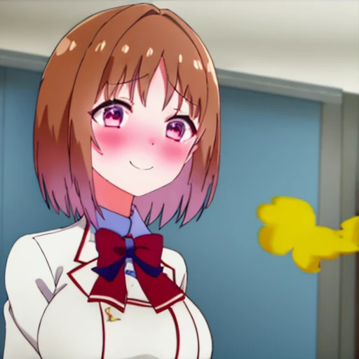 1 girl、red uniform、white mini skirt、Blue bow tie、big breasts、school classroom、brown hair、white inner、fart、a lot of gas、put pressure on your face、blush、shyness、short hair、Satisfied smile、