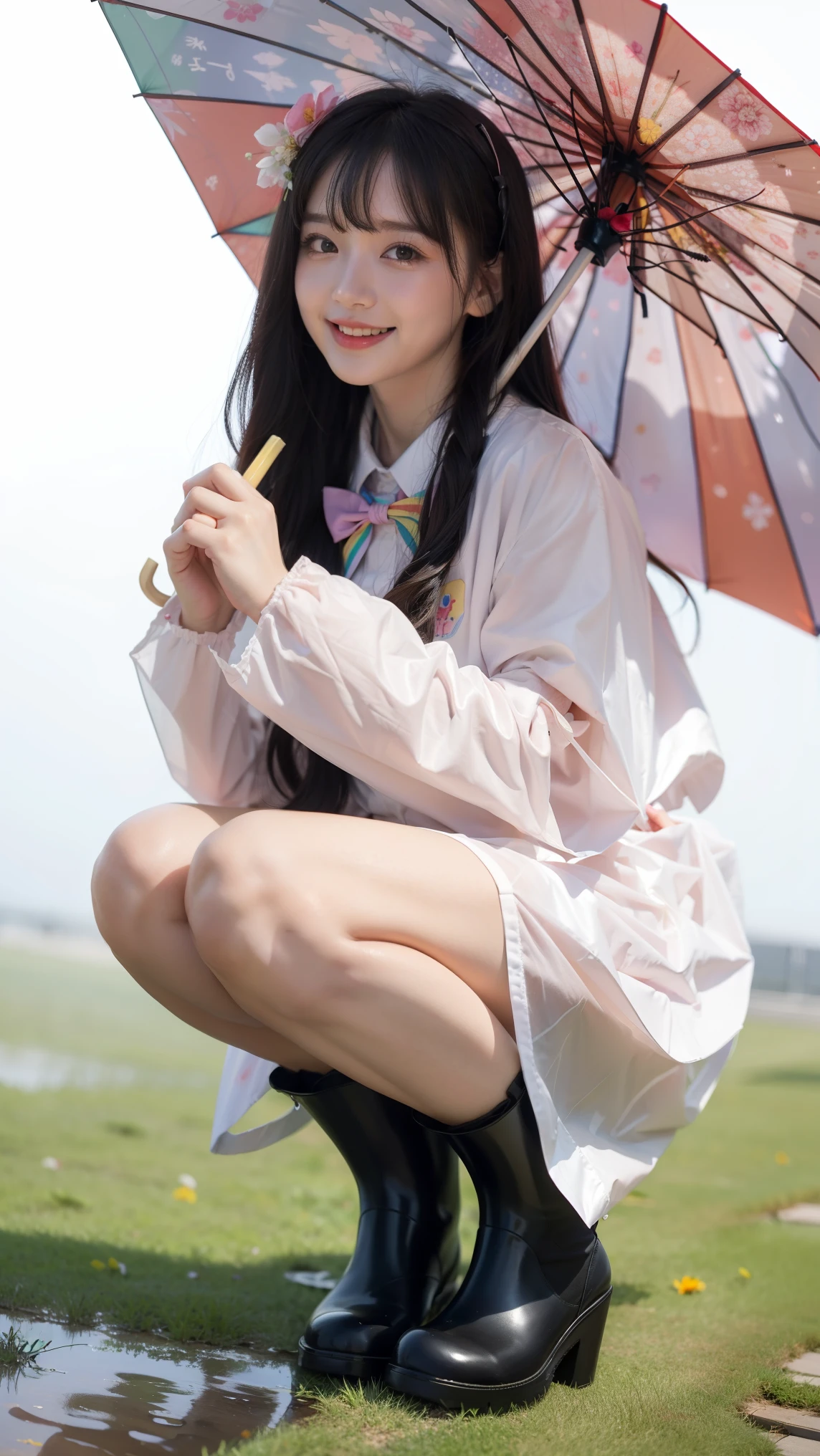 1girl,rainbow,raincoat,raincoat,Rubber boots,绣球flower,flower,long hair,Double tail,boots,blush,Umbrella,open mouth,hair accessories,White background,cover,solo,teruterubouzu,very long hair,cover起来,Long sleeves,低Double tail,bow tie,Bangs,Smile,closed umbrella,whole body,footwear,粉色绣球flowerflower丛背景,stand,Leaf umbrella,An umbrella