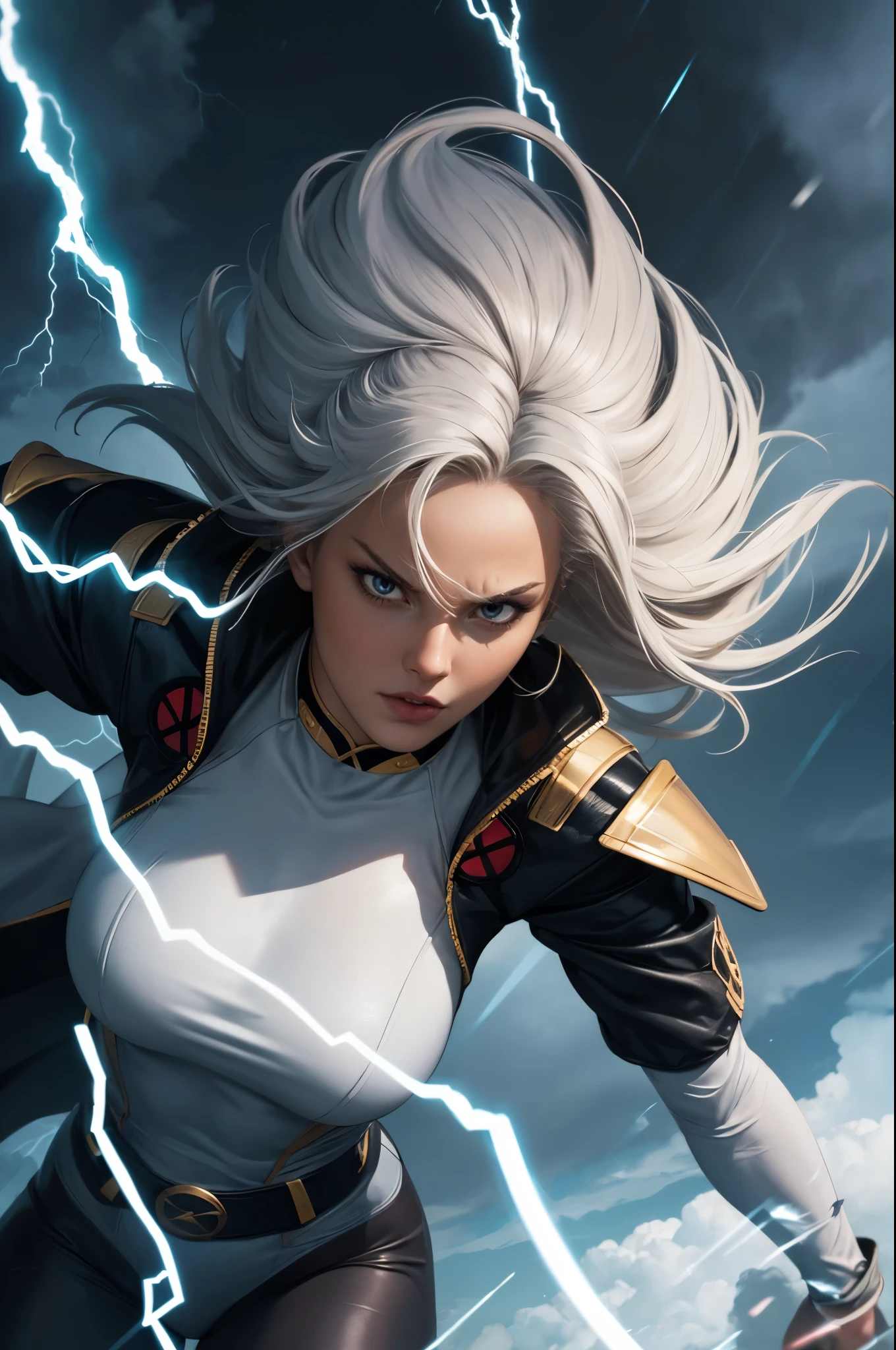 best quality,highres,ultra-detailed,realistic:1.37,professional,dynamic,action shot,storm character art,storm from the X-Men,storm conjuring lightning,storm with flowing white hair,storm with intense gaze,storm in a powerful pose,strong facial features,storm's iconic cape,storm surrounded by storm clouds,storm with dramatic lighting,storm's eyes glowing white,storm's lightning powers crackling,storm with an intense expression,storm with a determined look,storm wearing her classic costume,storm floating in the air,storm with winds swirling around her,storm creating a thunderstorm,storm casting lightning bolts,storm's cape billowing in the wind,storm with a fierce and confident posture,vivid colors,bokeh,portrait