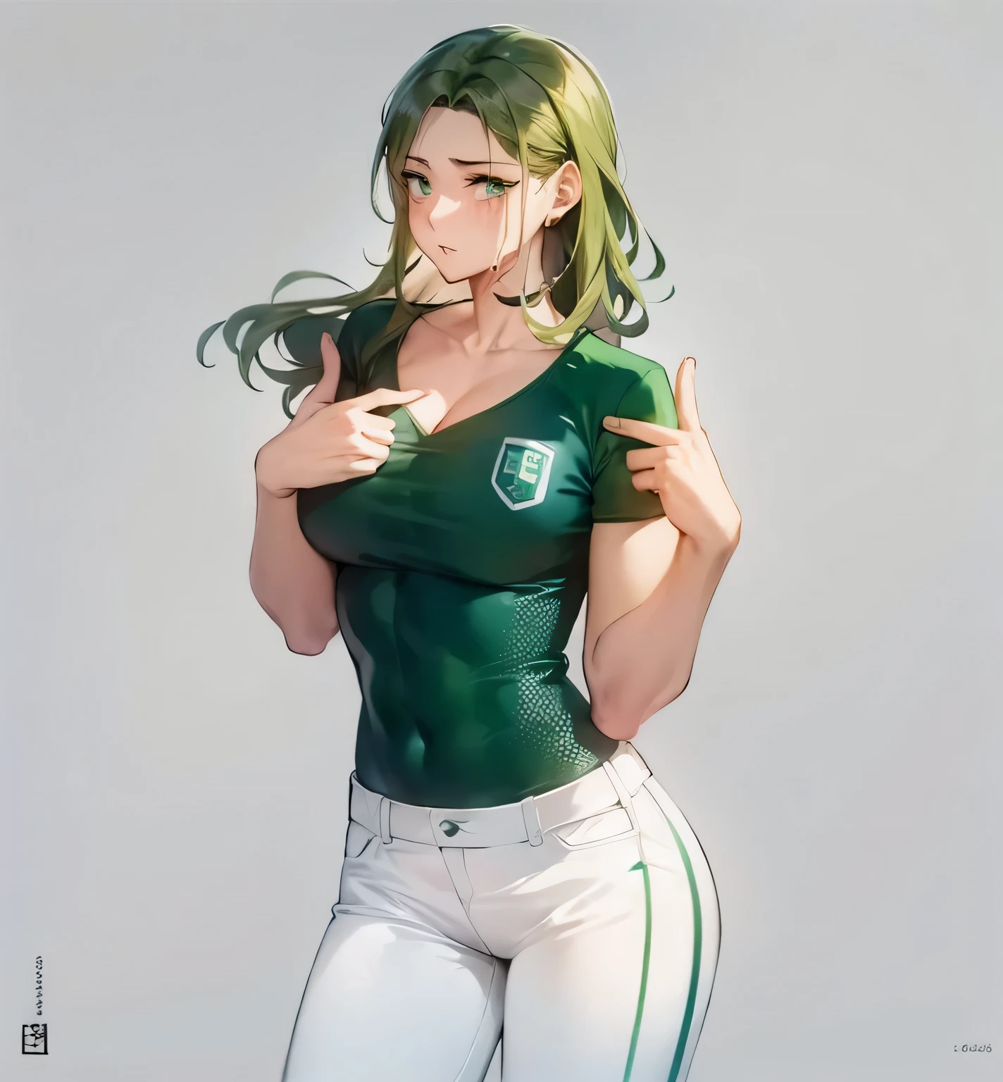 Completamente nua, com peitos a exposta e com as pernas abertas ranger feroz e independente (anime waifu) com cabelo verde curto e olhos verdes penetrantes, que vive uma vida de aventura na selva,