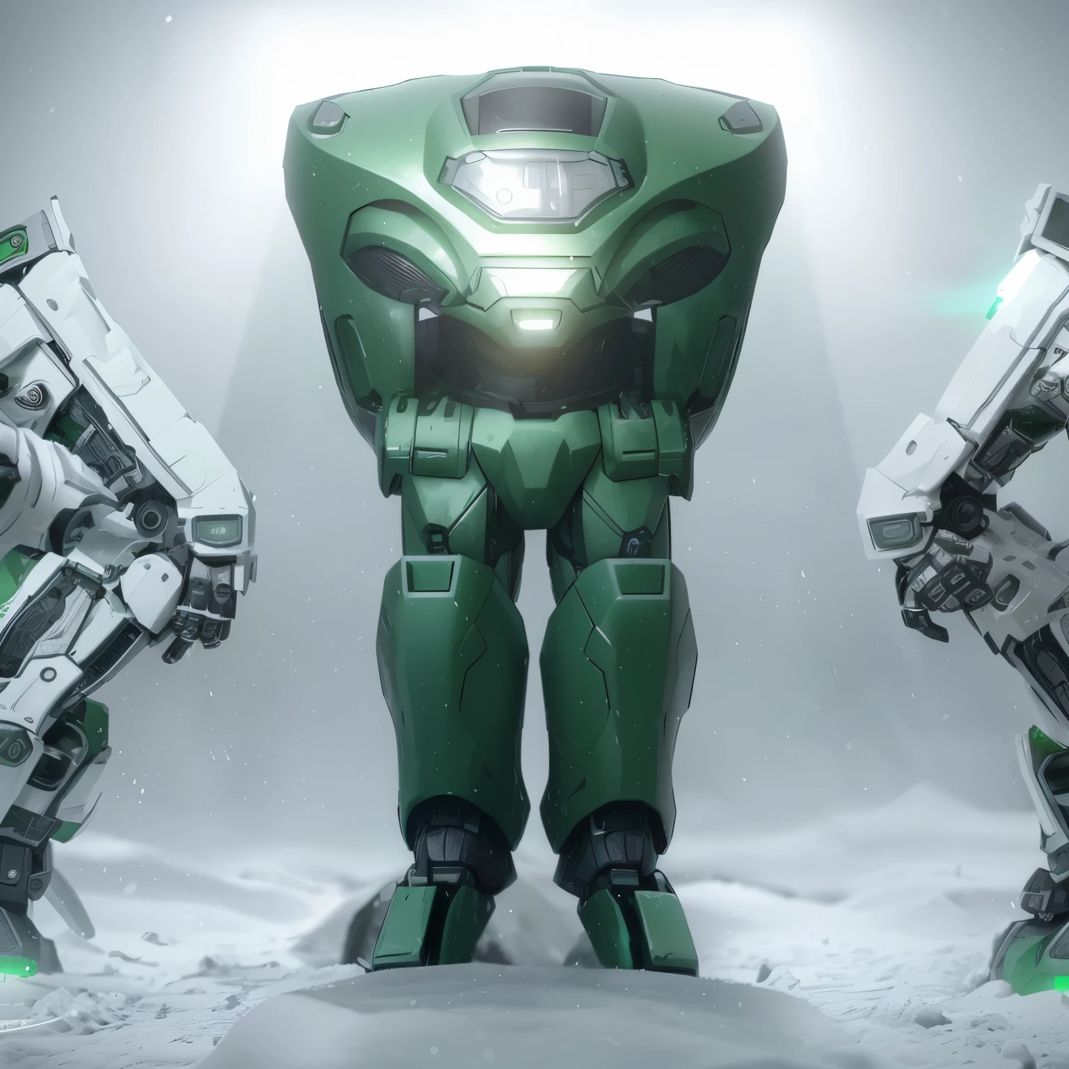 There is a green robot,white body and black legs, Mecha body, halo Master Chief, military robot, Master Chief, Mjolnir armor in Halo Infinite, Full body mecha, Full body with human mask, full body mechasuit, mechasuit, Metallic green armor, mechasuit, Master Chief from halo, concept, humanoid character,3D effect