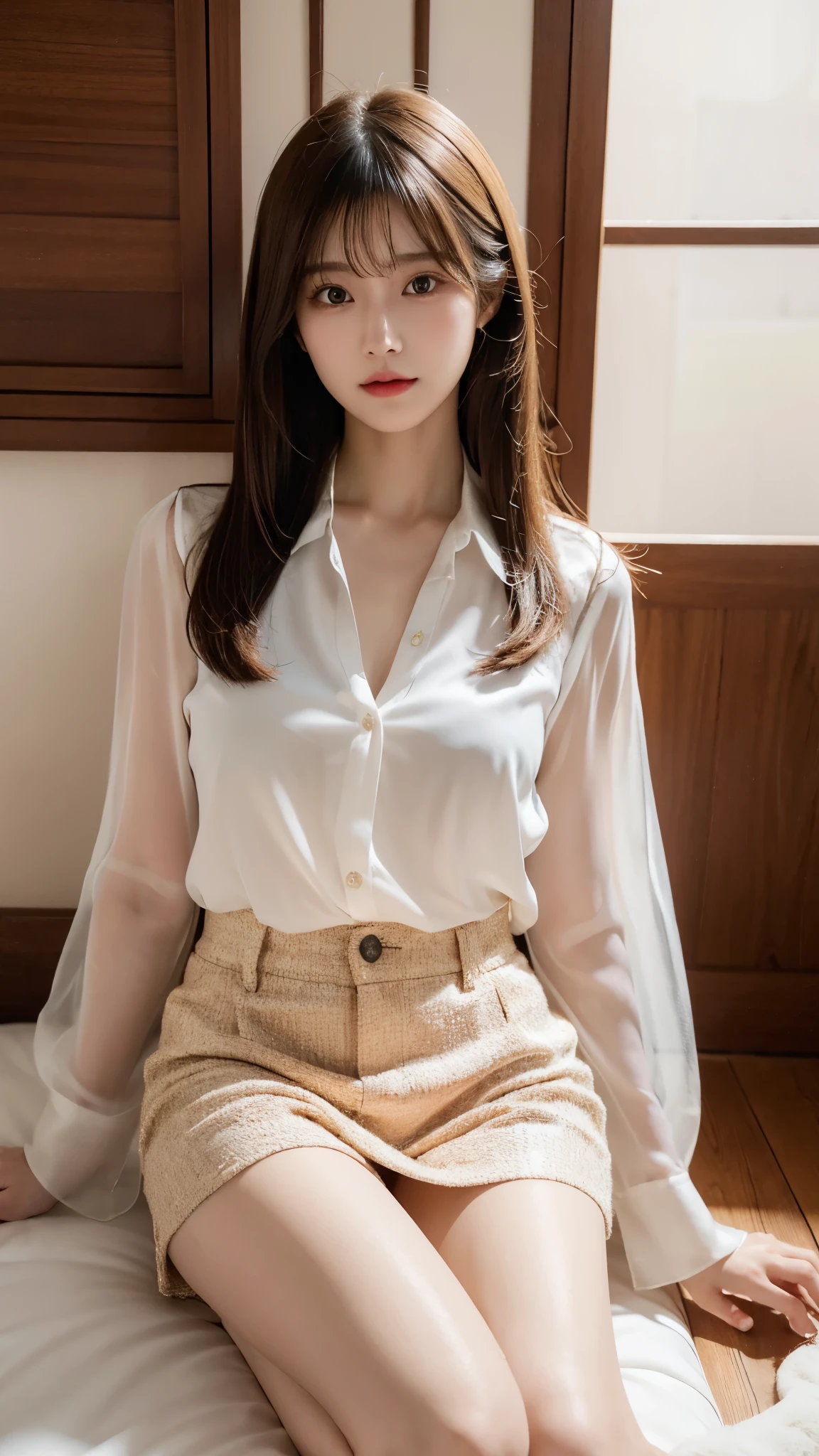 highres, ultra detailed, photorealistic, soft lighting, 1 beautiful Japanese girl, highly detailed beautiful face, straight and medium hair, transparent unbuttoned blouse, beautiful legs