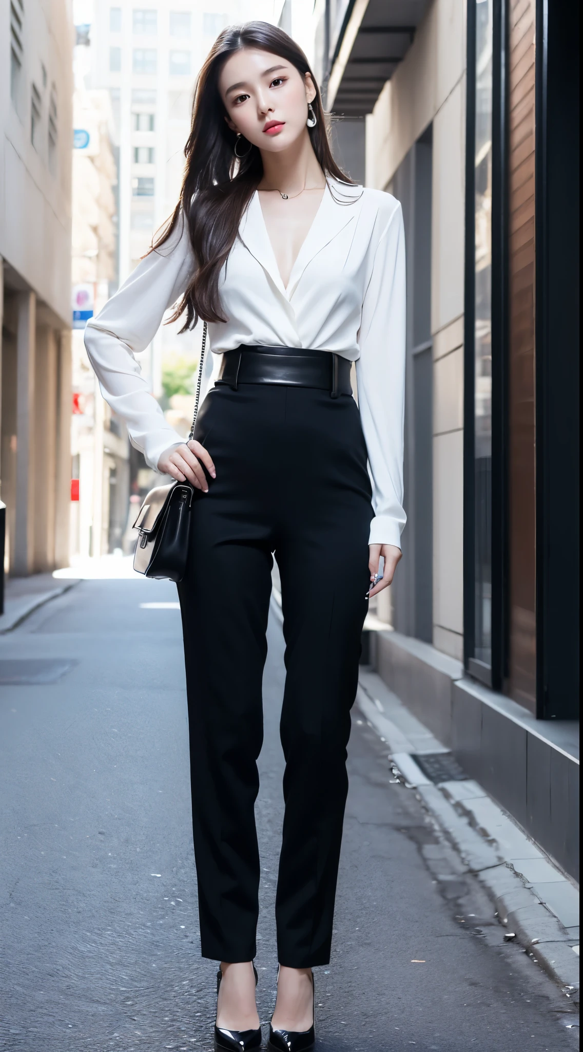 Ultra-clear resolution,Wonderful young girl,earrings,clear eyes,Without makeup,lip gloss,perfect face,Perfect chest,Slender,Black loose trousers,High heel,empty streets