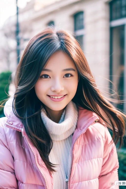 beautiful woman with perfect eyes and nose、beauty like a model、cute like a model、eyes are double、How to use regular mascara、eye color is blue、Hair color is pink、her face is delicate and elegant.、8k images、Beautiful style like a model、usually large、A refreshing and lovely smile、pose like a model、Overall image、snap shot、Glamaloid Smile、Beautiful and delicate face like a model、highest quality、Masseter muscle part、cute smile、 atmosphere、elegant beauty、go outside in winter、white down jacket、sexy red miniskirt、cute smile、vivid luxury、sexy pose、