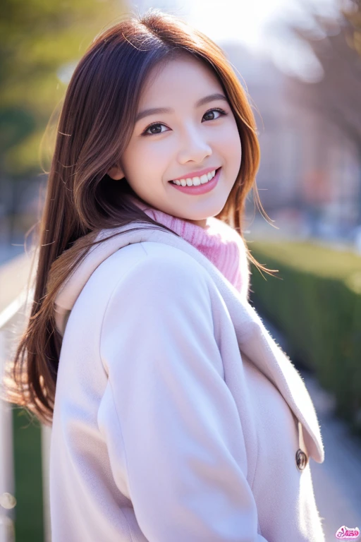beautiful woman with perfect eyes and nose、beauty like a model、cute like a model、eyes are double、How to use regular mascara、eye color is blue、Hair color is pink、her face is delicate and elegant.、8k images、Beautiful style like a model、usually large、A refreshing and lovely smile、pose like a model、Overall image、snap shot、Glamaloid Smile、Beautiful and delicate face like a model、highest quality、Masseter muscle part、cute smile、 atmosphere、elegant beauty、go outside in winter、white down jacket、sexy red miniskirt、cute smile、vivid luxury、sexy pose、