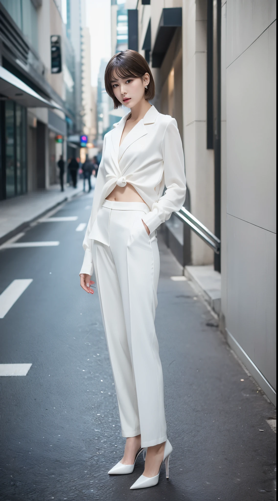 Ultra-clear resolution,Wonderful young girl,short hair,earrings,clear eyes,Without makeup,lip gloss,perfect face,Perfect chest,Slender,Black loose wide-leg trousers,High heel,empty streets