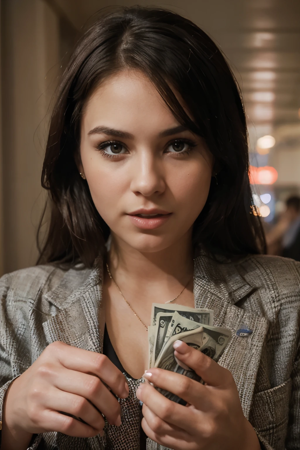1920x1080 size ,shocking expression,very rich taking cash in hand, american woman,shocking American girl,taking a lot of cash in hand, American girl thumbnail, attention-grabbing thumbnail, cash on hand, eye-catching thumbnail, American girl cash in hand, click-worthy thumbnail