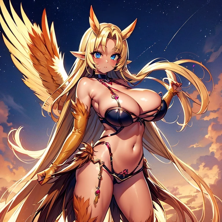 1girl, deep neckline, short skirt, open belly, no panties, Blonde, ganguro, gyaru, harpy, cebtaur female, ????????????, looks rich, rich lady, dark skin, tattoo on ?????,