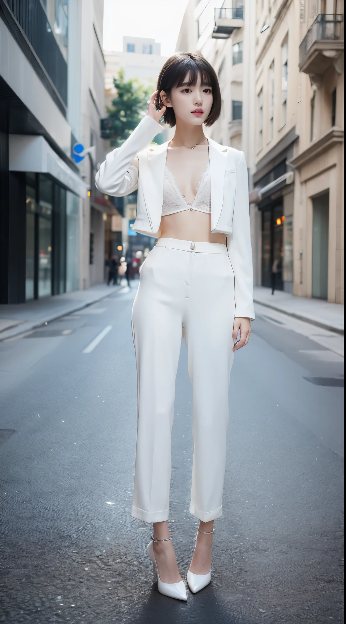Ultra-clear resolution，Wonderful young girl，short hair，earrings，clear eyes，Without makeup，lip gloss，perfect face，Perfect chest，Slender，Black loose wide-leg trousers，black high heels，empty streets