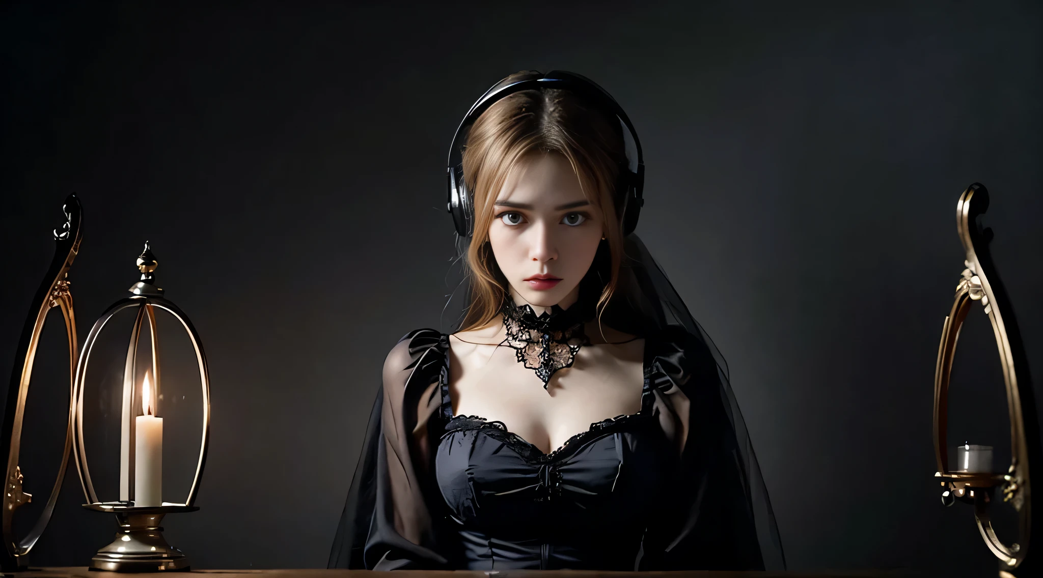 official art, unity 8k wallpaper, Super detailed, beautiful, beautiful, masterpiece, highest quality, dark, in the atmosphere, Mysterious, romantic, spooky, literature, art, fashion, Victorian, decoration, Complex, ironwork, race, Contemplative, depth of emotion, supernatural, 1 girl, alone, head, bust composition、Wearing headphones