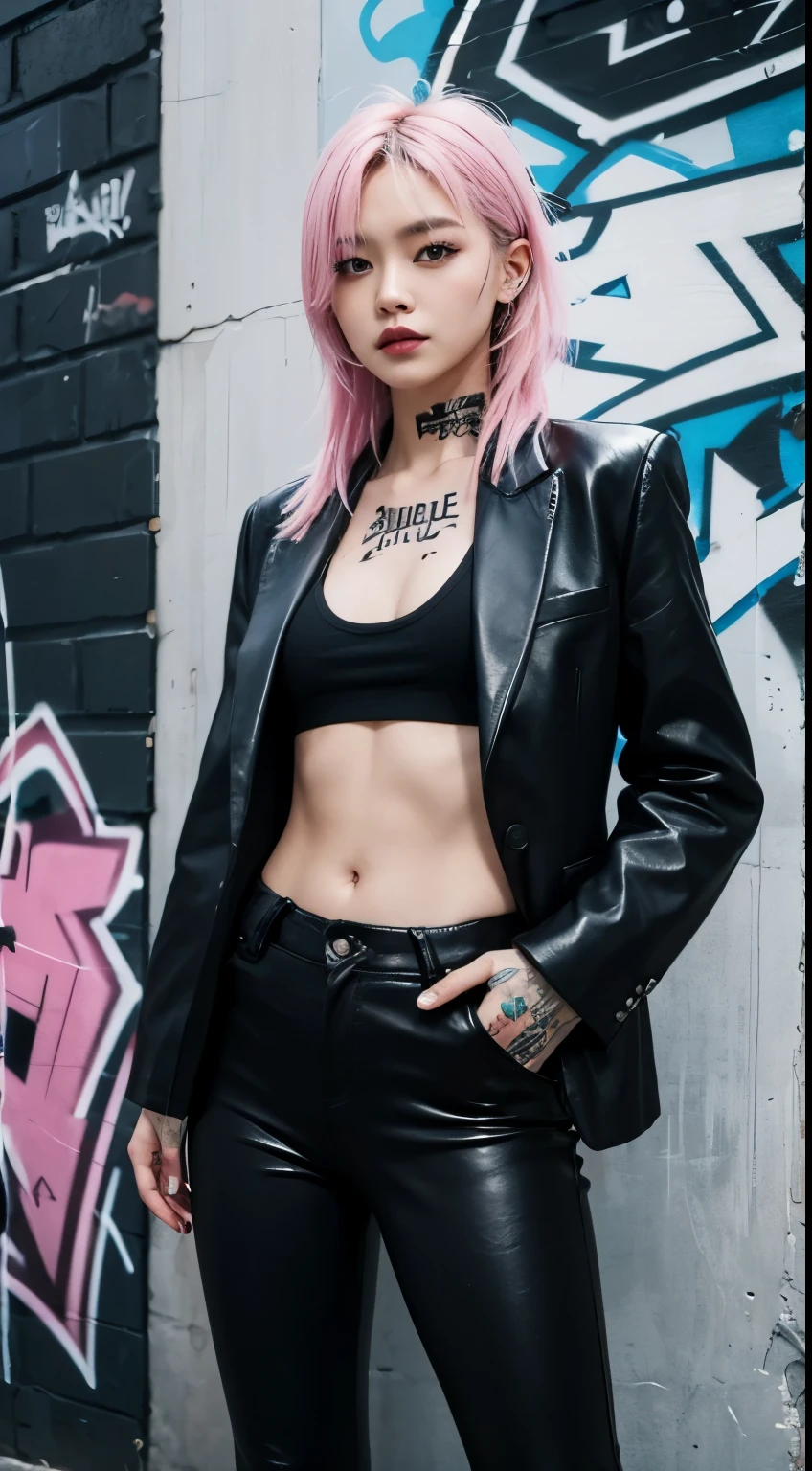 Realistic skin, best quality, Clarity, 4k, 8k, detail, actual, tattoed Girl, Korean makeup, black lips, pink and blue medium mullet hair, Perfect six pack body, stand, pose standing, medium chest, dark blazer top, black legging Pants, Solid graffiti wall background, Graffiti art,
