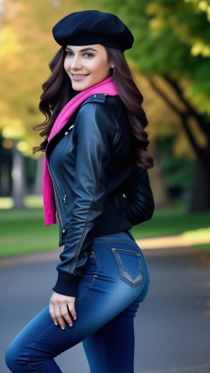 Woman smiling, enjoying a cold day, shopping in the city, business outfit she's wearing a biker jacket, black beret, pink scarf, denim trousers, riding boots, holding a leather backpack, while she is in a park, jaw-dropping beauty, attractive face and fitness body with rounded hips, long wavy hair, attractive woman, a gorgeous beautiful soft brown haired girl, lovely woman, gorgeous woman, gorgeous beautiful woman, exotic beauty from Russia.