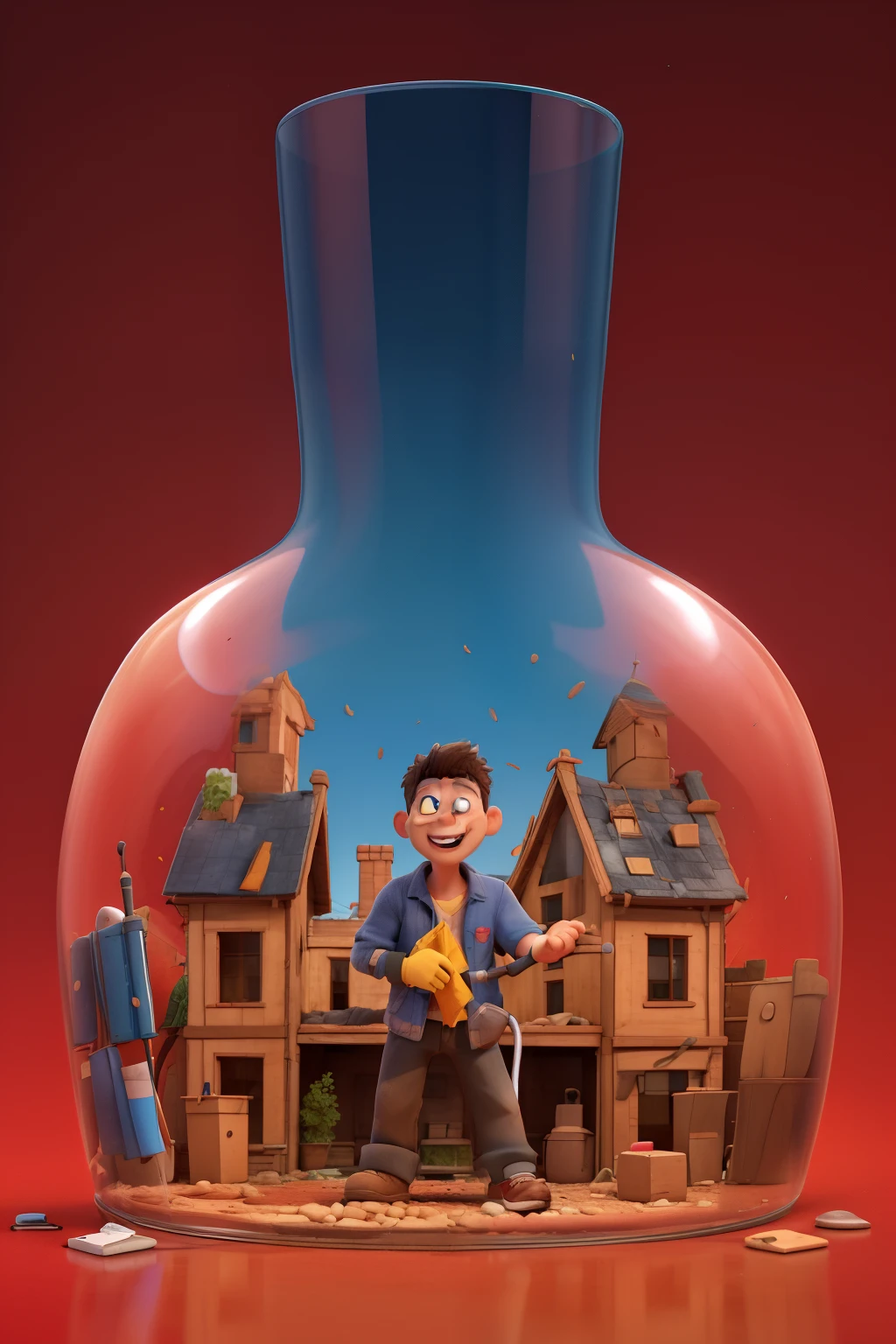 Students are cleaning the glass, build shot,illustration,cartoonish style,red background