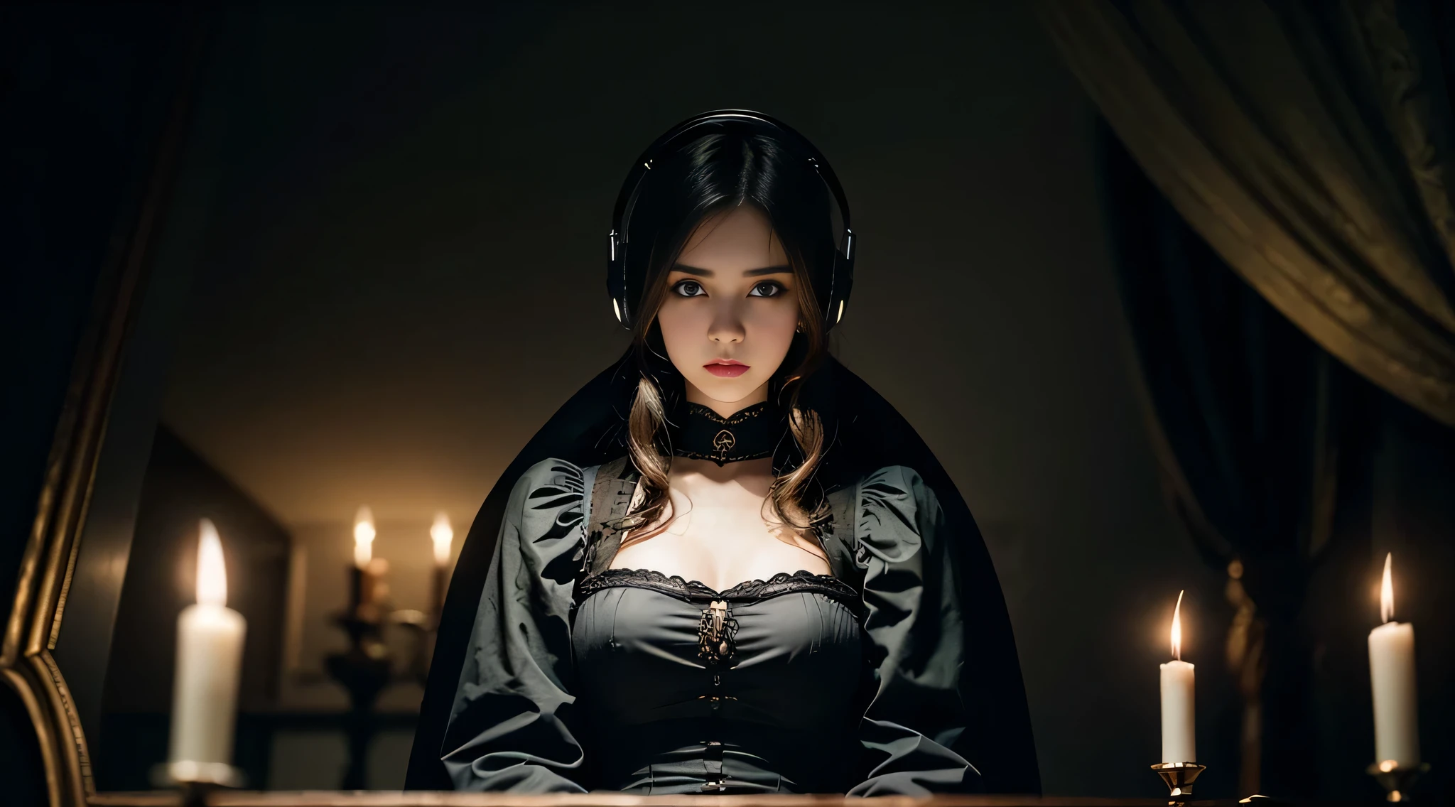 official art, unity 8k wallpaper, Super detailed, beautiful, beautiful, masterpiece, highest quality, dark, in the atmosphere, Mysterious, romantic, spooky, literature, art, fashion, Victorian, decoration, Complex, ironwork, race, Contemplative, depth of emotion, supernatural, 1 girl, alone, head, bust composition、Wearing headphones