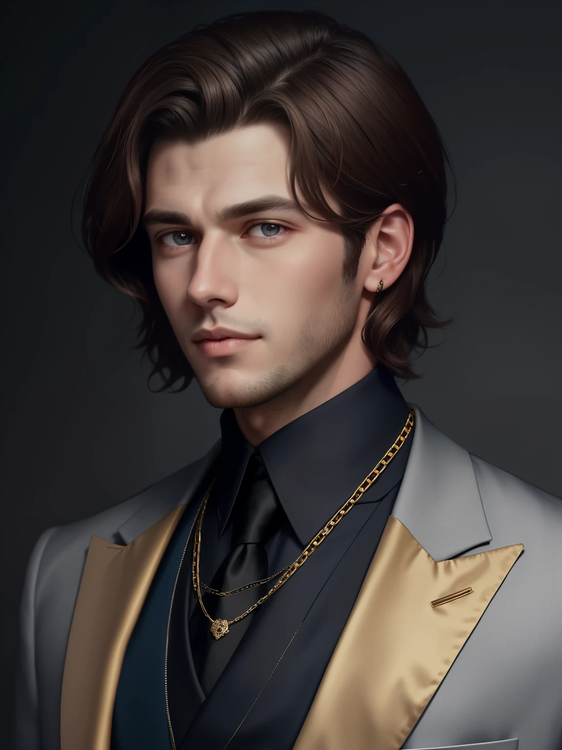 young man with brown hair, (25 years) hair slightly wavy, Grey eyes, portrait, looks directly at the viewer, dressed in a dark suit, Around the neck is a gold chain, Beautiful face, Strong chin, portrait, Highest quality, masterpiece