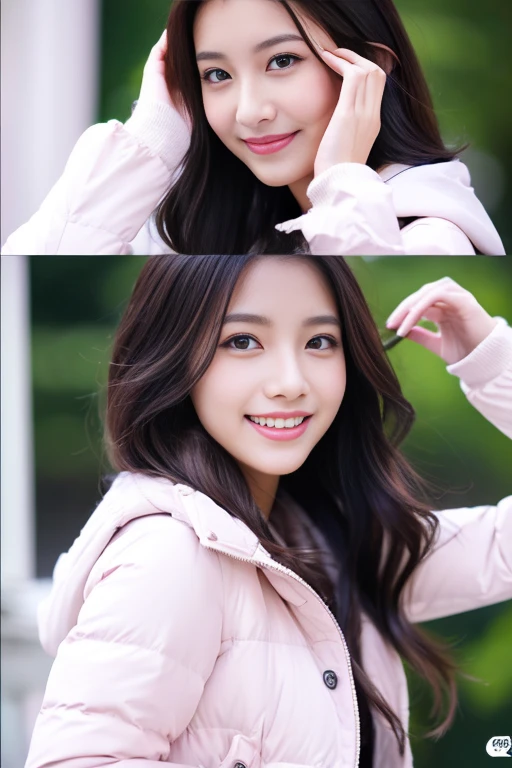 beautiful woman with perfect eyes and nose、beauty like a model、cute like a model、eyes are double、How to use regular mascara、eye color is blue、Hair color is pink、her face is delicate and elegant.、8k images、Beautiful style like a model、usually large、A refreshing and lovely smile、pose like a model、Overall image、snap shot、Glamaloid Smile、Beautiful and delicate face like a model、highest quality、Masseter muscle part、cute smile、 atmosphere、elegant beauty、go outside in winter、white down jacket、sexy red miniskirt、cute smile、vivid luxury、sexy pose、
