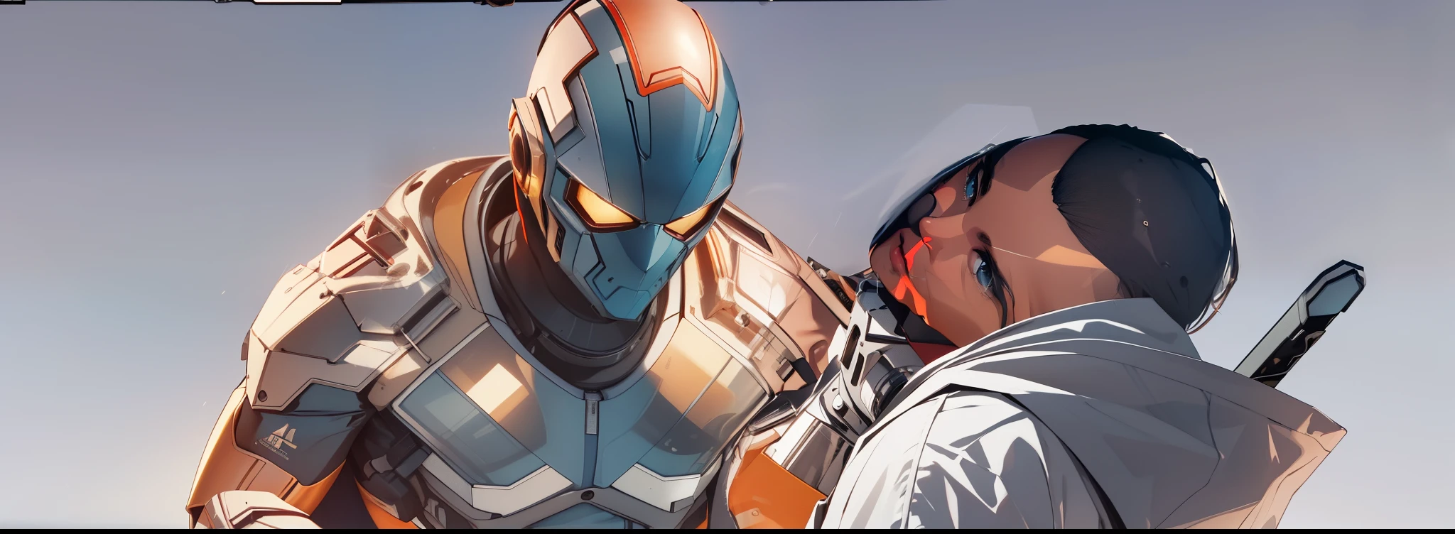 Capture the breathtaking moment as the metal superhero finally captures the young dark skinned man . This RAW masterpiece showcases an ultra-high resolution, photorealistic full-body portrait, illuminated by the warm glow of sunlight. The scene is rendered in the captivating style of mecha sci-fi anime, boasting an impressive 8K resolution for the best quality imagery. Crafted with Unreal Engine 1.4, this piece features ultra-realistic 64K CG, skin texture at 1.4, and volumetric fog to add depth and atmosphere. The details are further enhanced with 8K UHD, DSLR quality, film grain, and the artistic touch of lomography. The result is a stunning blend of high-quality visuals, translucent effects, and photorealism that truly captivates the viewer.