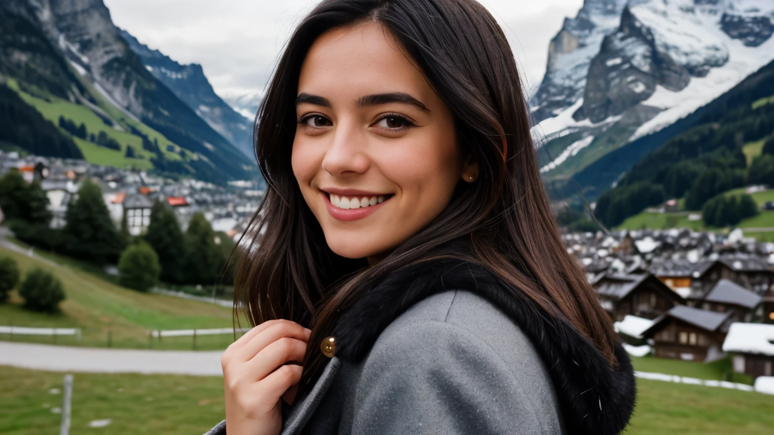 Instagram pictures, French Girl, Shoulder length hair, black hair, Close-up photo, coat, The background is the village of Grindelwald..., Switzerland, smile a little,