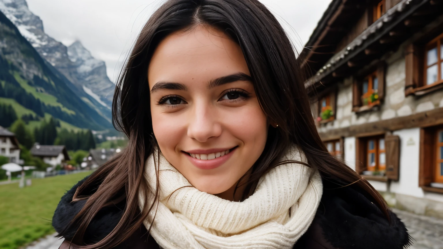 Instagram pictures, French Girl, Shoulder length hair, black hair, Close-up photo, coat, The background is the village of Grindelwald..., Switzerland, smile a little,