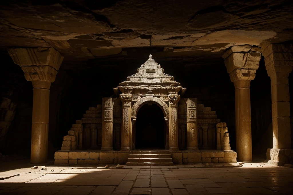 (highest quality, High resolution, super detailed), Mysterious cave、majestic underground temple、Lost civilization、An altar of ancient civilization bathed in light、Light and shadow interaction