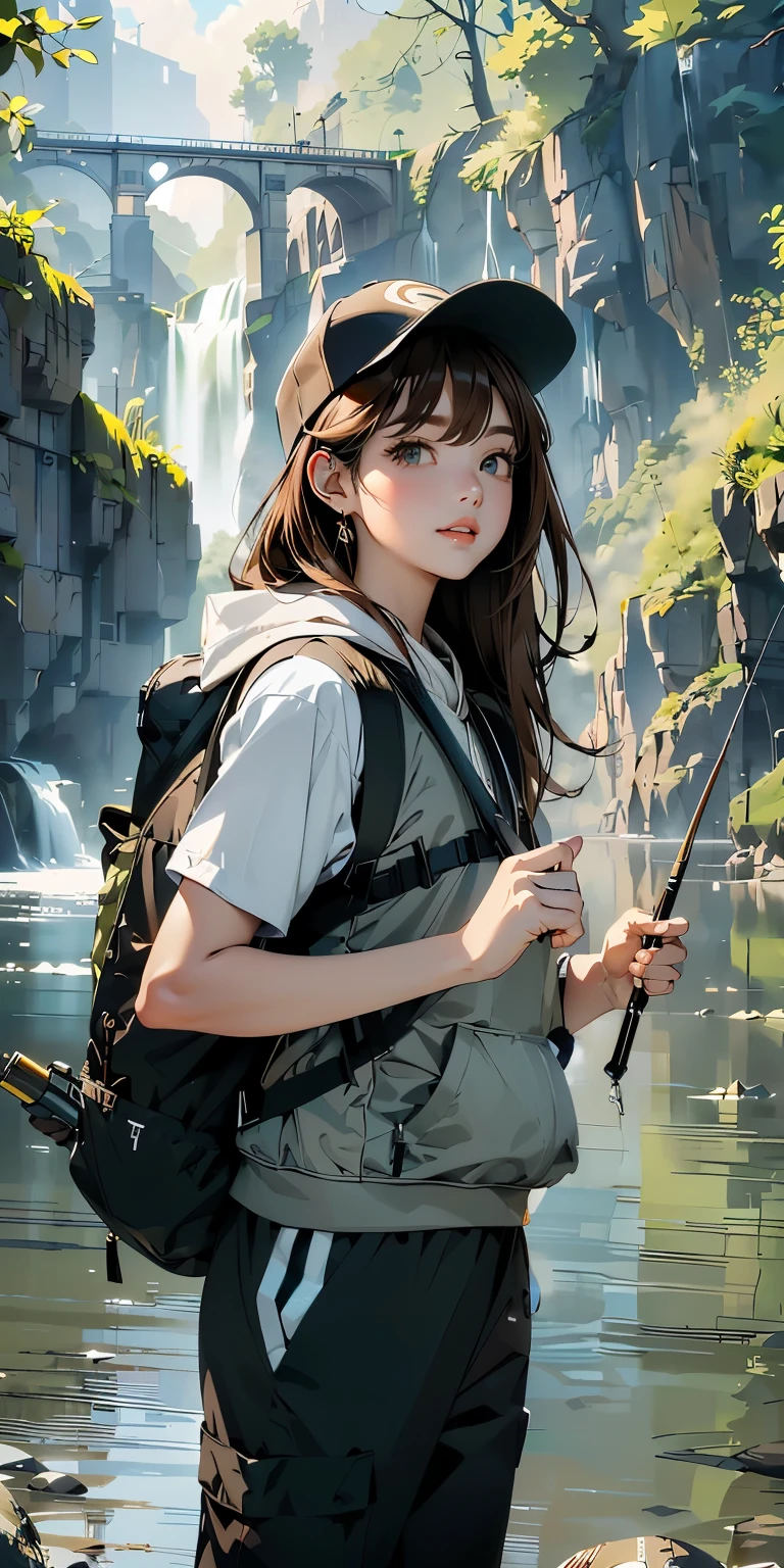 masterpiece、High resolution 8K、sharp focus、contrast lighting、ultra high resolution、ultra high resolution、Detailed CG、Low - Angle、full body shot、Beautiful woman、beautiful eyes、(detailed face and iace:1 2)、narrow eyes、almond eye、brown eyes、gradation eye、highlight:1.2)、(beautiful reddish brown hair、long hair、asymmetrical bangs、(plump lips、glossy lips、 size) 、(oval face : 1.4)、(thin fingered arms、detailed human hand)、川でWoman Fishing、Beautiful and wide river、Flowing waterfall、rock surface、moss、forest、Mont、blue sky、Flowing clouds、vapor、mist、full body pose、Holding a fishing rod in your hand、Fishing lure rod、Outdoor Vest、hoodie、Waders、Long pants for fishing、Big backpack)、Point the fishing rod toward the water surface with both hands. I'm ready、Have a long fishing rod、Hold the fishing rod facing the water surface、Woman Fishing、naughty smile、teeth visible、Angle from the front、Standing in the river