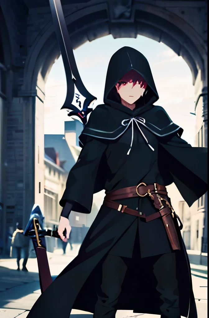 Hood, black clothes, whole body, magic circle, two-handed sword