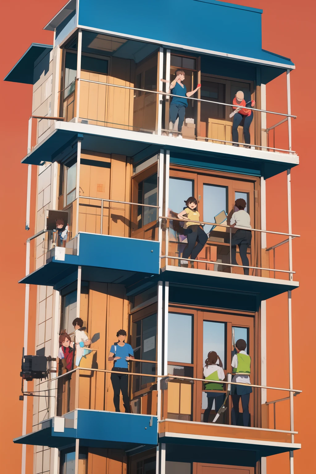 Students are cleaning the glass, build shot,illustration,cartoonish style,red background