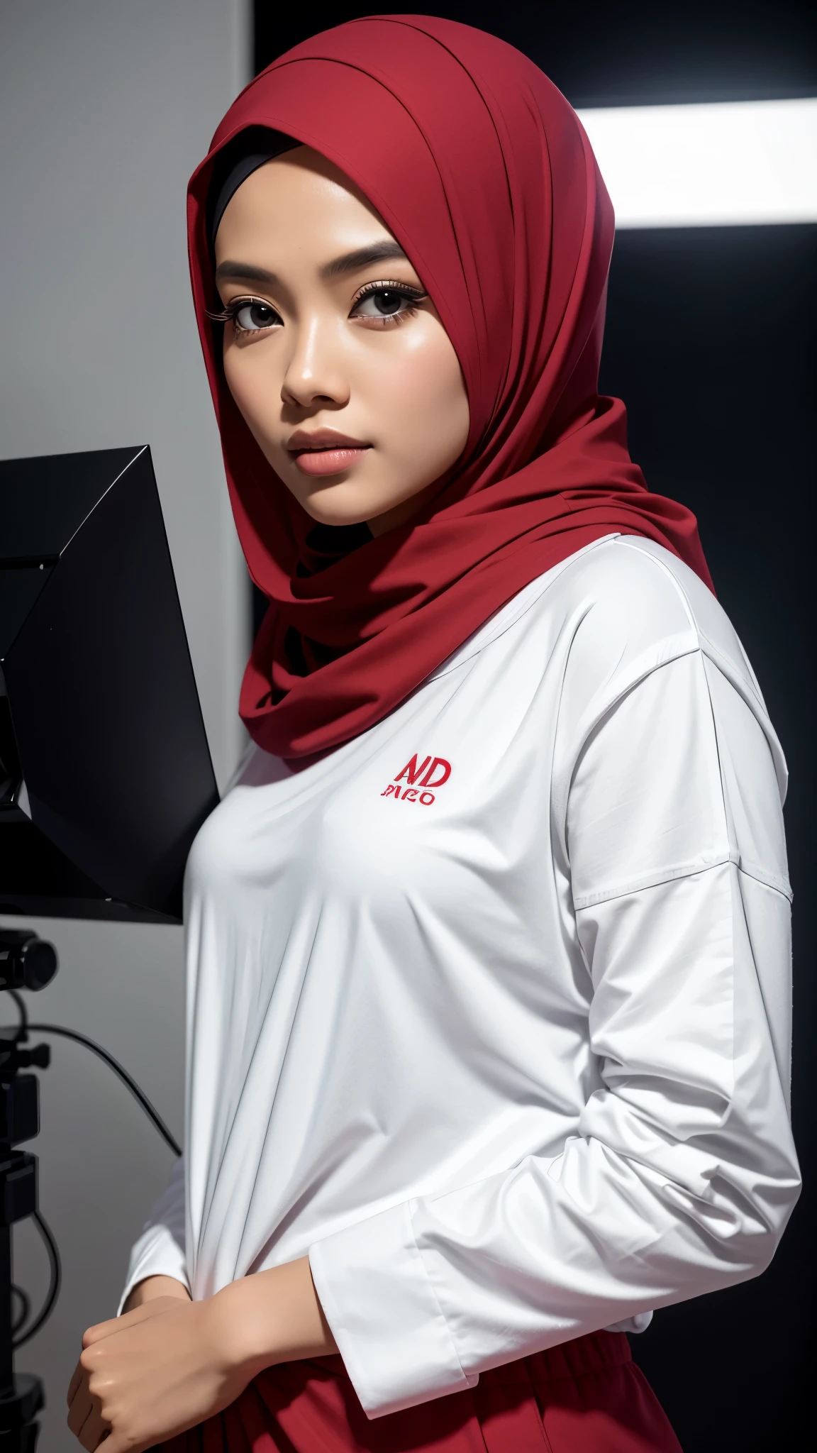 1 malay women in dark red hijab wearing big oversized long sleeve white Tshirt and a dark red cargo pants in studio, cute pose, 8mm lens, close-up, pastel color grading, depth of field cinematography effect, film noir genre, 8k resolution, high quality, ultra detail,