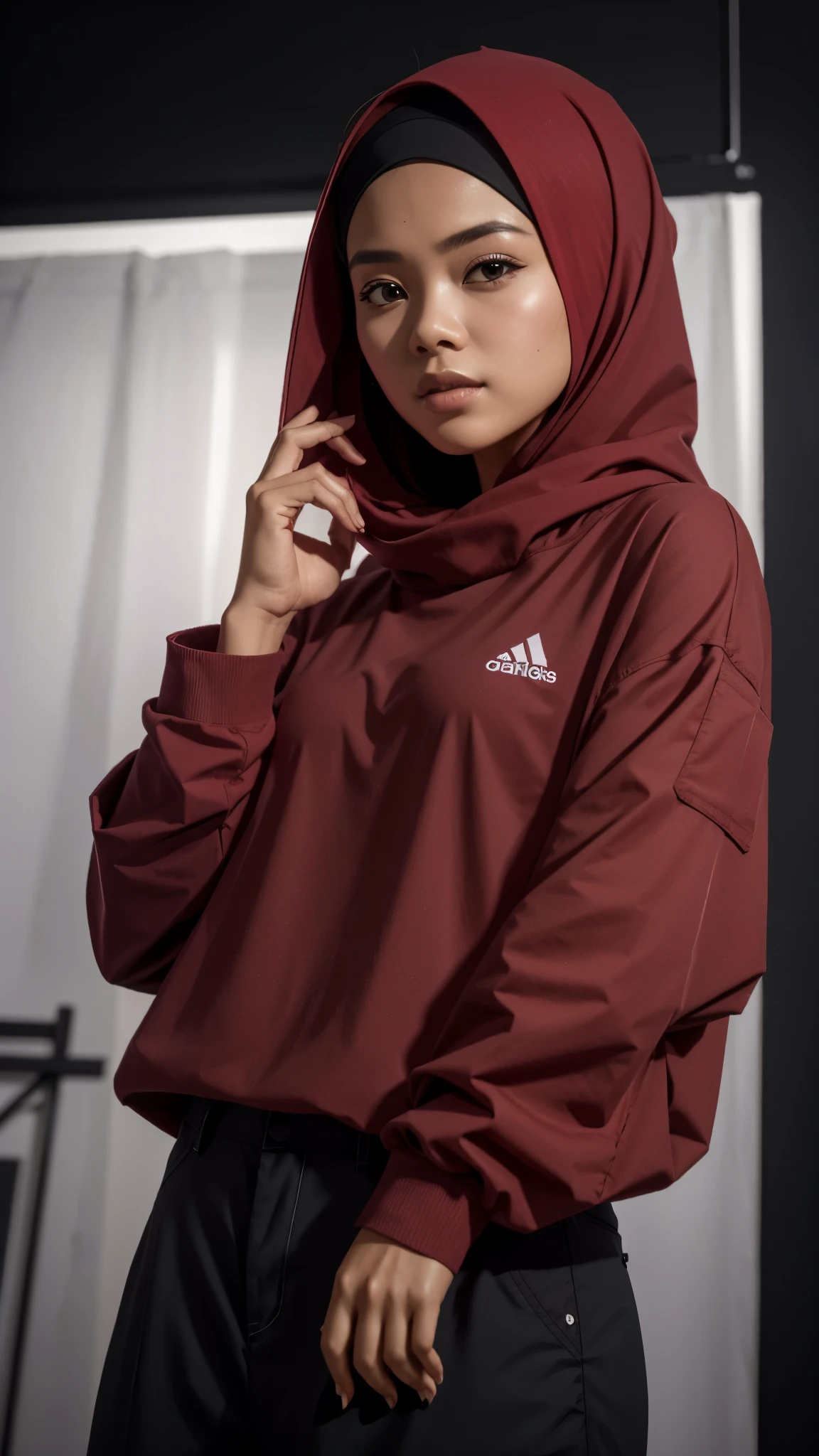 Illustrate the dedication of the Malay girl as she wears sleek activewear for her daily workout routine, emphasizing her petite physique, with the focus on her determination and athletic attire, cinematic and dramatic feel, dramatic lighting, movie feel,