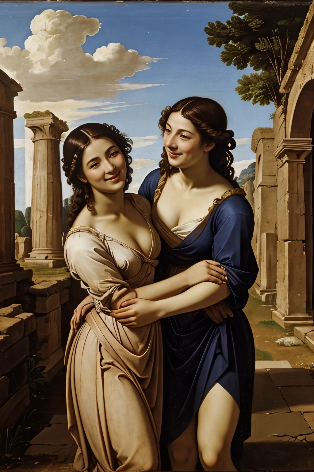 Ancient Roman ruins,landscape in the style of Poussin,A smile,,Sweet and seductive appearance.、Caravaggio's paintings、Chiaroscuro of Caravaggio、Hair disheveled in the wind,Two women frolicking,Cute smile, Expression of ecstasy,A sexy,erotick