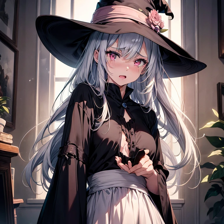 1 girl, character focus, close to viewer , cowboy shot, from side, hands on hip, ((Bent over)), witch hat ,mournful, tears,open mouth, light gray hair, pale pink eyes, background room,high resolution,(incredibly absurdres),anime visual,extremely detailed CG unity 8k wallpaper, ((masterpiece)), ((top-quality)), (beautiful illustration), ((an extremely delicate and beautiful))