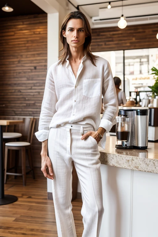 (androgynous male in women's pants and white linen shirt posing inside a coffee shop), 40 year old androgynous male face, tall, slender, long brown hair, high fashion, wearing women's pants and white linen shirt, androgynous, Twink, feminine