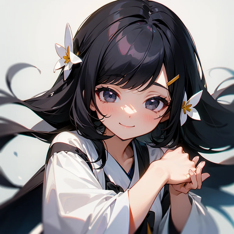 black hair、long、black eyes、cute、Hana hair ornament、smile