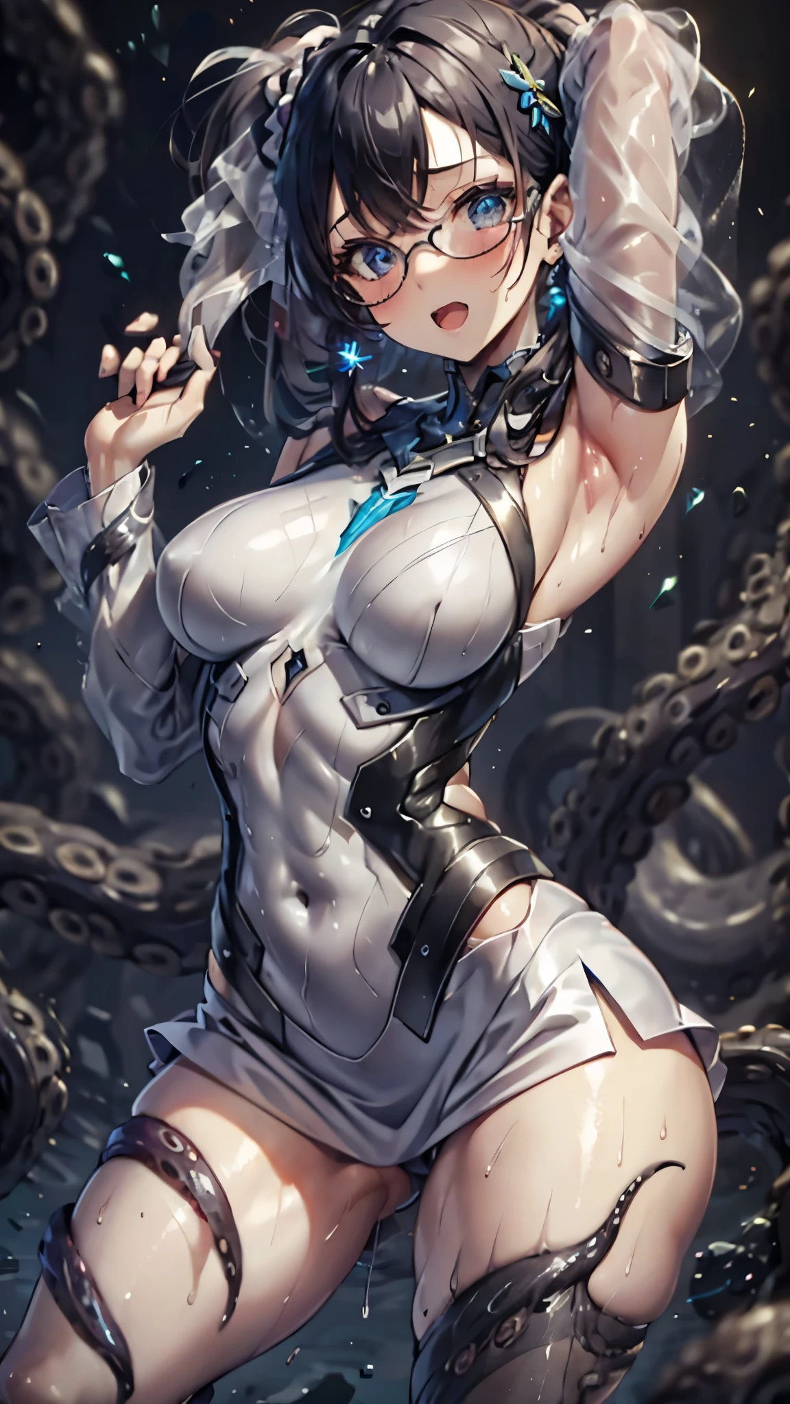 woman,,,city,night,(((white tight miniskirt bodysuit))),(wet with sweat),open mouth smile((See-through))glasses,((beautiful long ponytail)),((Baby girl bo),blush、surprised face,(((Tentacles wrap around the body)))(((raped by tentacles)))(((Tentacles wrap around the body)))